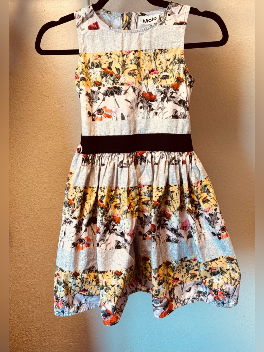 Molo Yellow Floral Stripe Dress with Black Waistband